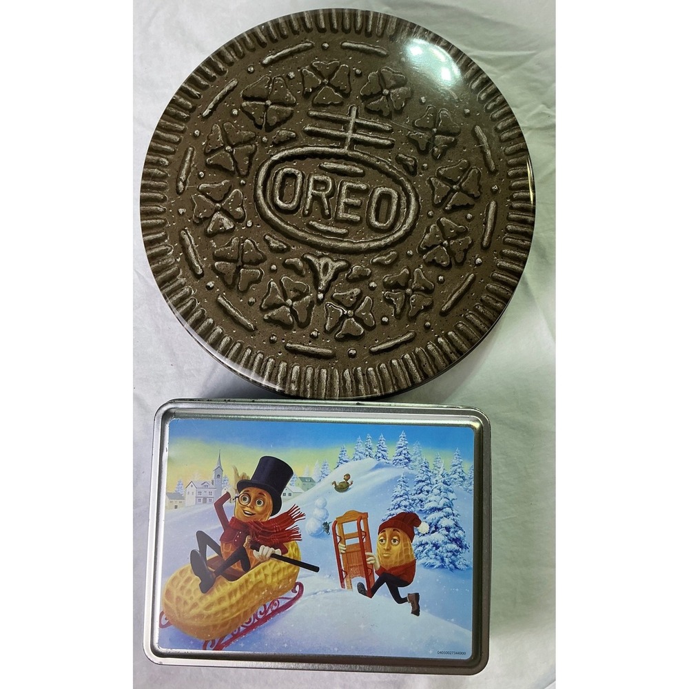 Vintage 1993 Oreo Cookie & Planters Peanuts Holiday Metal Tin Set of 2
